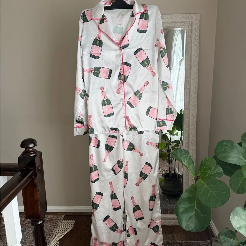 Champagne Print Women's satin Pajama Set S whimsy prep, girls trip, quiet luxary